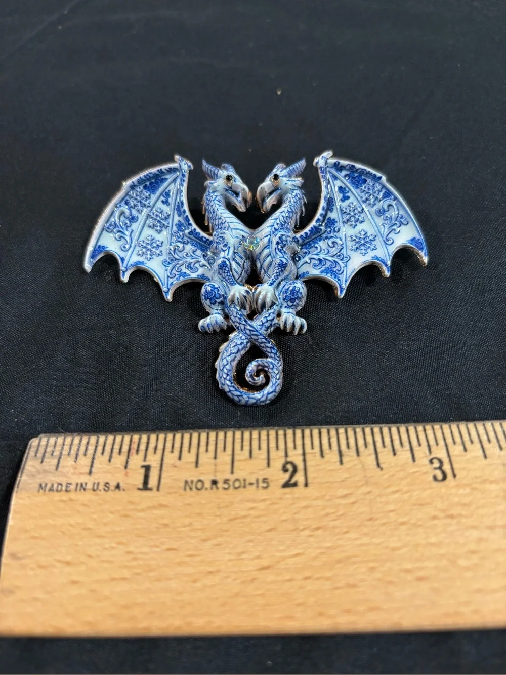 DRAGON DOUBLE HEADED BLUE WHITE METAL PIN BROOCH GOLD TONE NWOT